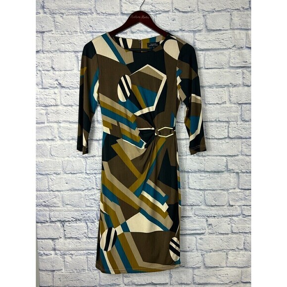 Tahari Arthur S Levine Dress Womens Sz 2 Abstract Multi Color Gathered Waist T4 - Picture 2 of 12
